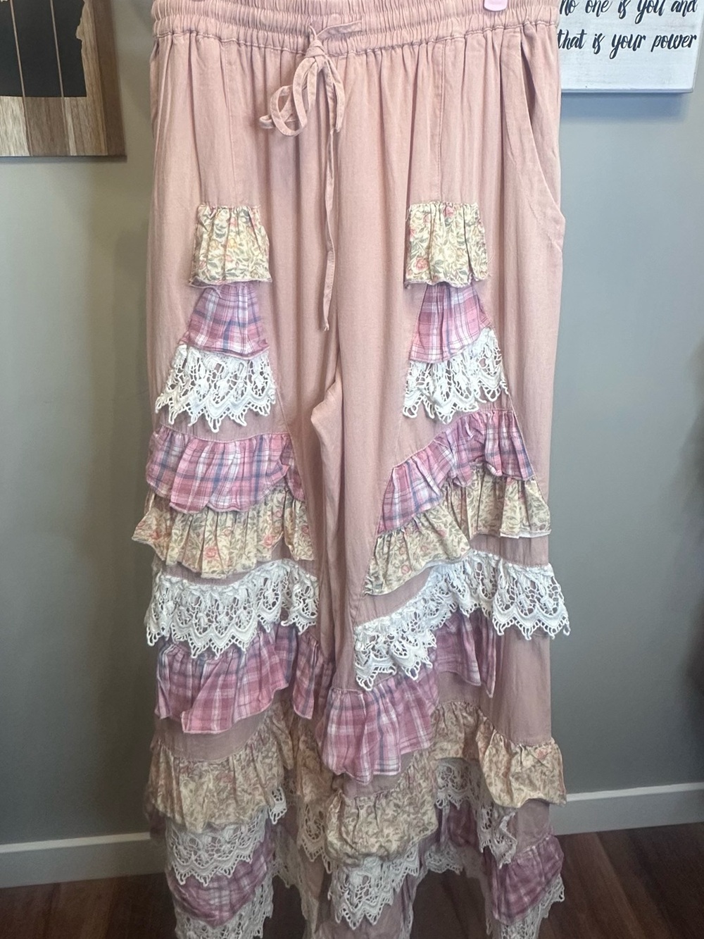 Boho Tiered Ruffle Wide-Leg Pants in Dusty Rose - Picture 6 of 10